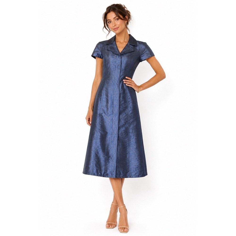 Doncaster Collection Blue Iridescent Linen Blend Midi Dress Collard A Line Small